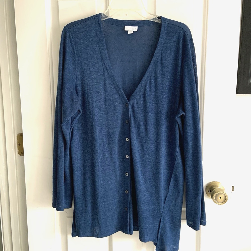 J Jill Love Linen Button front V Neck Cardigan Knit navy blue sz M EXCELLENT